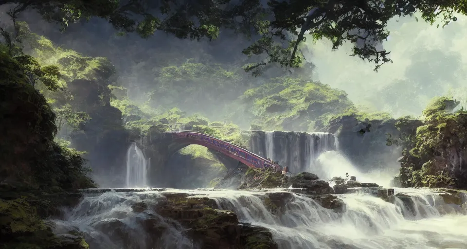 Image similar to A beautiful digital painting of train bridge, waterfall, lovely valley by Stanley Artgerm Lau, frank frazetta, Rossdraws, James Jean, gerald brom, Andrei Riabovitchev, Marc Simonetti, and Sakimichan, trending on artstation