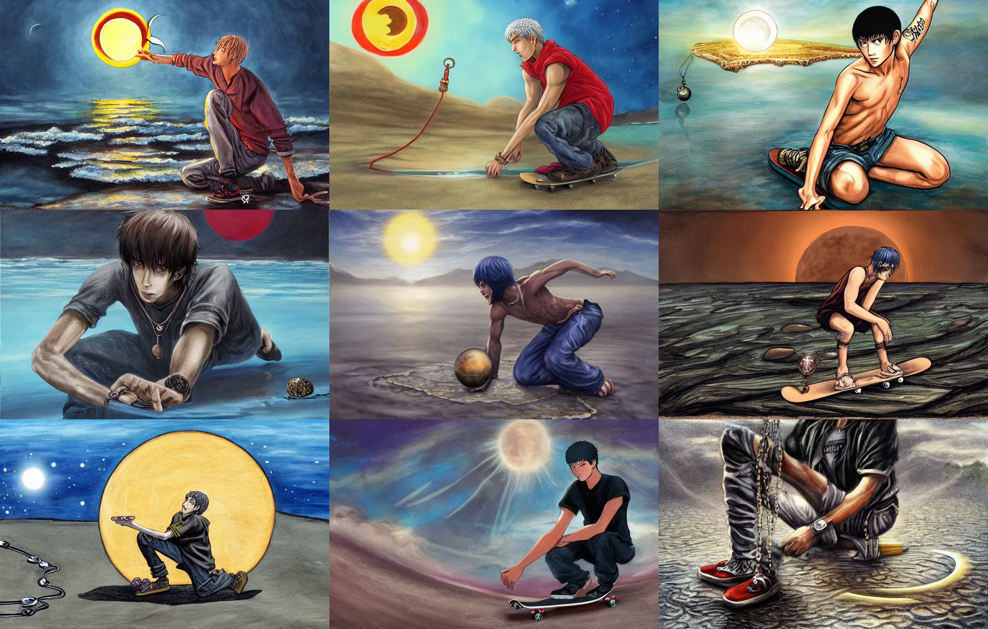 Prompt: skateboarder character eric sparrow kneeling in shallow water holding outward a behelit necklace from berserk in front of an eclipse, dramatic detailed painting