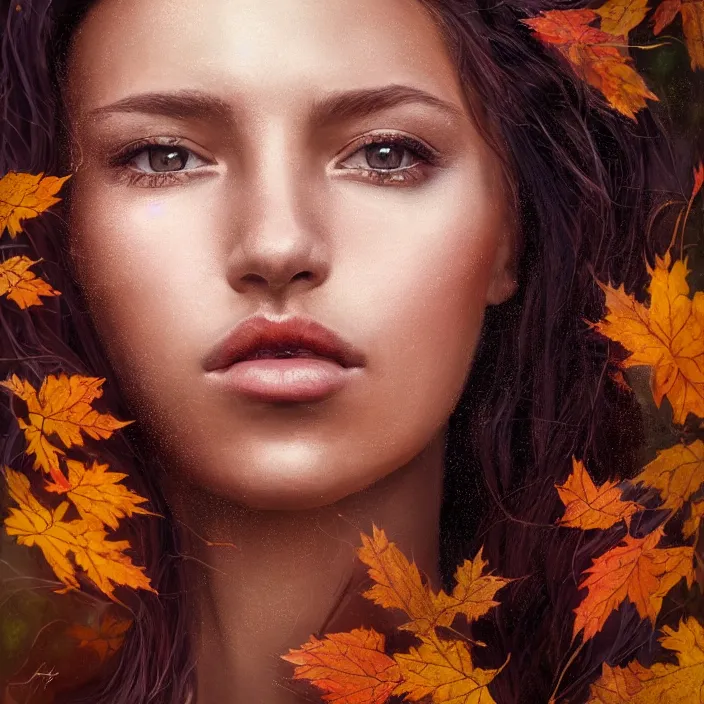 Image similar to portrait of a beautiful woman. very coherent symmetrical artwork. cinematic, hyper realism, high detail, 8k, soft autumn sunlight, natural background, 50 mm lens photography, 3/4 view