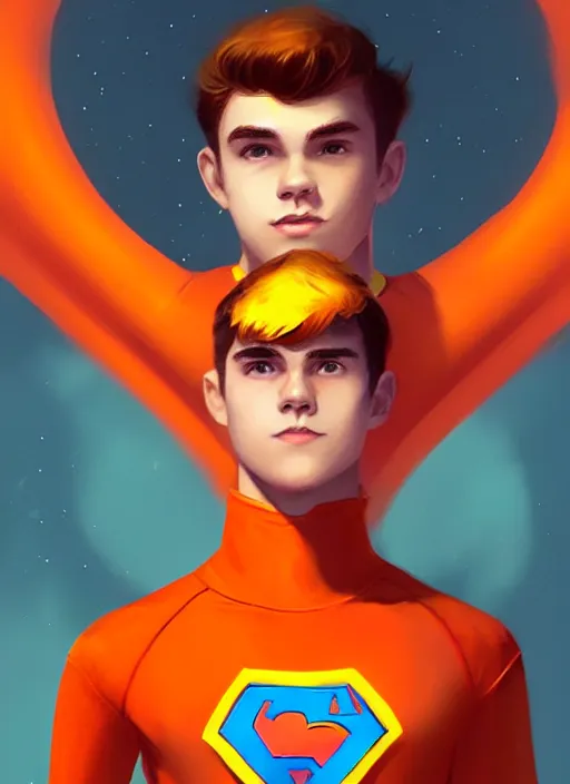 Image similar to kind teenage archie andrews wearing an orange superhero costume, superhero costume with heart emblem, cape, intricate, elegant, glowing lights, highly detailed, digital painting, artstation, sharp focus, illustration, art by wlop, mars ravelo and greg rutkowski