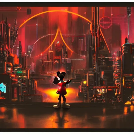 Image similar to a group of people standing around a mickey mouse, cyberpunk art by drew struzan, cgsociety, sots art, dystopian art, reimagined by industrial light and magic, concept art