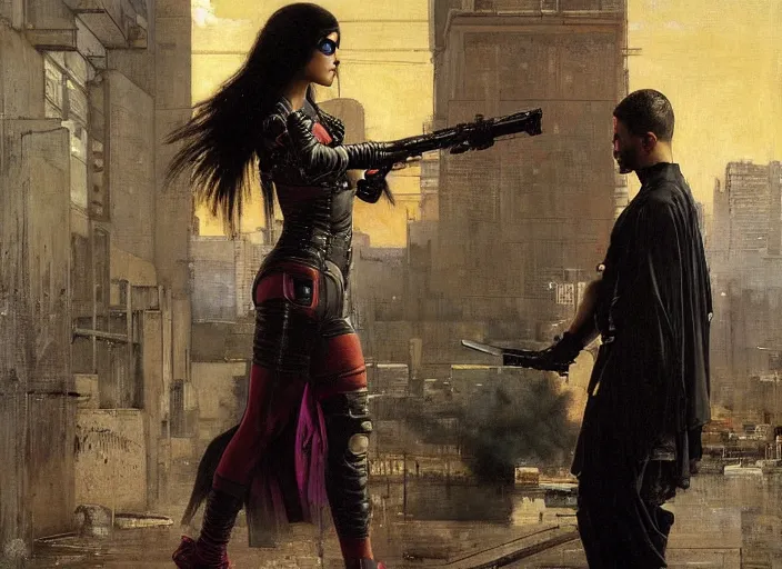 Prompt: Maria evades guards. Cyberpunk hacker escaping Menacing Cyberpunk corporate security. (dystopian, police state, Cyberpunk 2077, bladerunner 2049). Iranian orientalist portrait by john william waterhouse and Edwin Longsden Long and Theodore Ralli and Nasreddine Dinet, oil on canvas. Cinematic, vivid colors, hyper realism, realistic proportions, dramatic lighting, high detail 4k