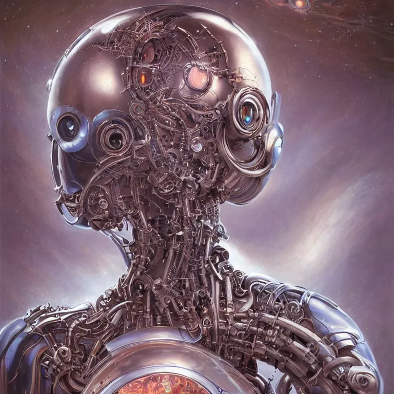 Prompt: perfectly centered portrait of a beautiful biomechanical android alien robot, female, flowing hair, intense stare, sarcastic smile, symmetrical, concept art, intricate detail, volumetric shadows and lighting, cosmic background, realistic oil painting by tim hildebrandt,