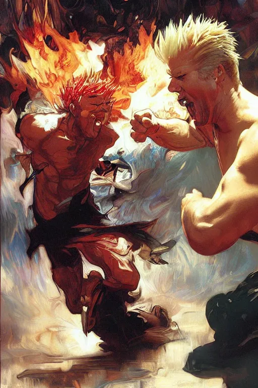 Image similar to guy fieri enraged, fighting gordon ramsay, punching, motion lines, action lines, painting by'phil hale '!!! gaston bussiere, craig mullins, greg rutkowski, alphonse mucha,