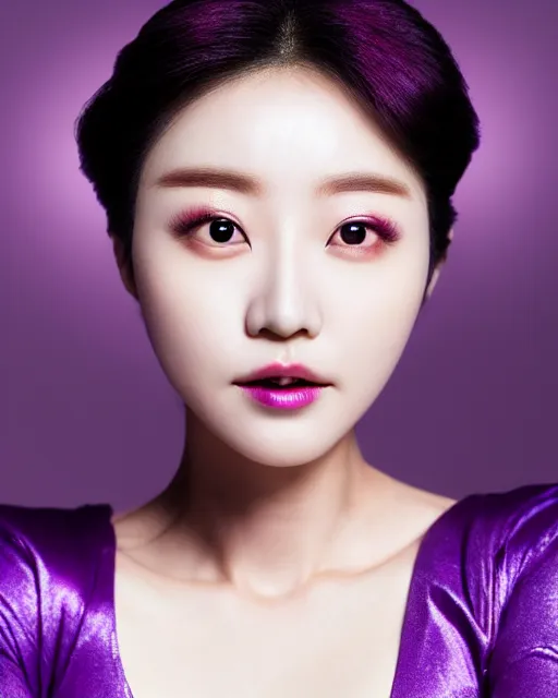 Image similar to photos of beautiful actress HoYeon Jung with Purple colored skin makeup as the purple skinned Green Lantern soranik natu as she soars thru outer space, HoYeon Jung, photogenic, purple skin, short black pixie like hair, particle effects, photography, studio lighting, cinematic