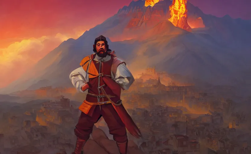 Prompt: spanish Francisco Pizarro with a burning Inca city behind him, Video game character design , 2d game fanart behance hd by Jesper Ejsing, by RHADS, Makoto Shinkai and Lois van baarle, ilya kuvshinov, rossdraws global illumination