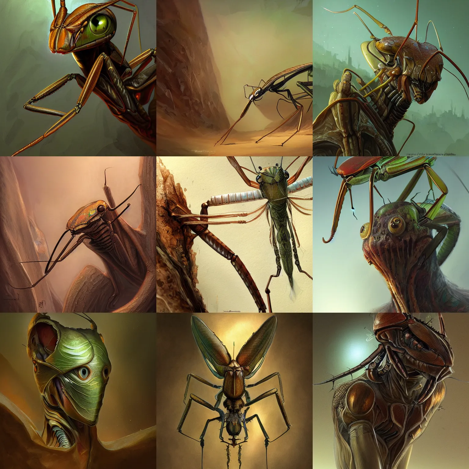 Prompt: portrait of an insectoid, predatory praying mantis, brown exoskeleton, thin antennae, flat triangle - shaped head, concept art, deep focus, fantasy, intricate, highly detailed, digital painting, artstation, matte, sharp focus, illustration, art by marc simonetti