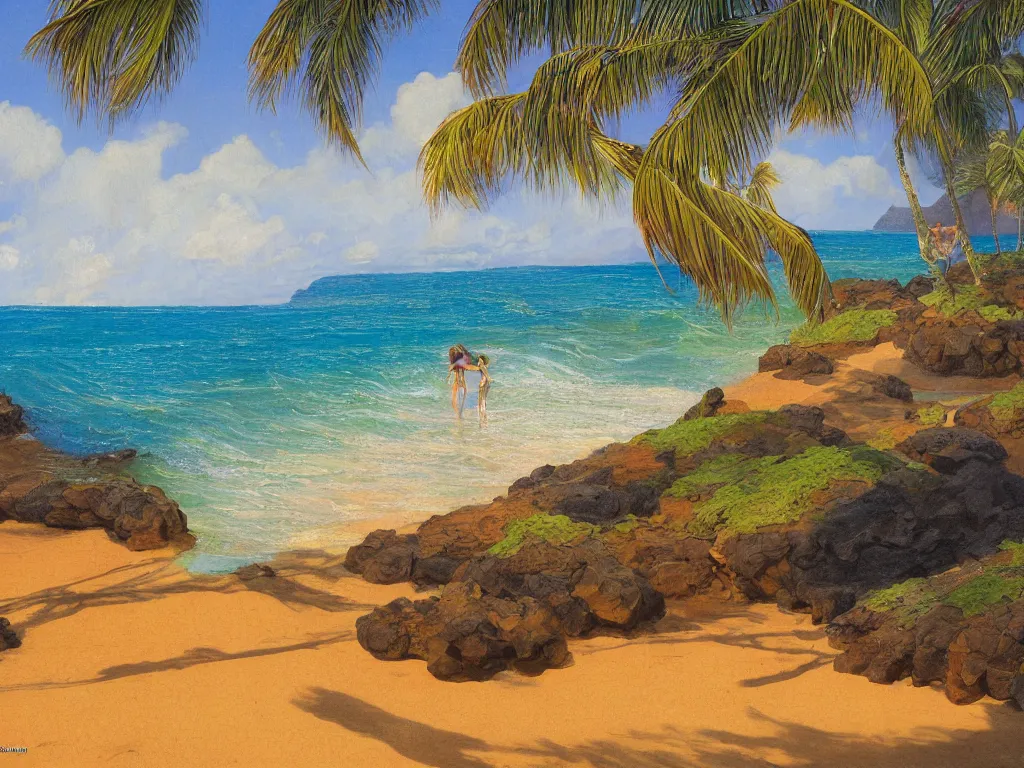 Image similar to Poipu Kauai, Hidden lava rock beach lagoon, Sunlight Study, by Asher Brown Durand and (((((Hans Zatzka))))) and ((((((((Lisa Frank)))))))), Art Nouveau, 8k, concept art, smooth, sharp focus