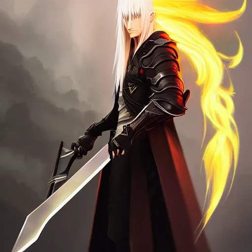 Image similar to digital art of a pale menacing Sephiroth with piercing eyes, gilded black uniform, he commands the fiery power of resonance and wrath, by WLOP, Artstation, CGsociety