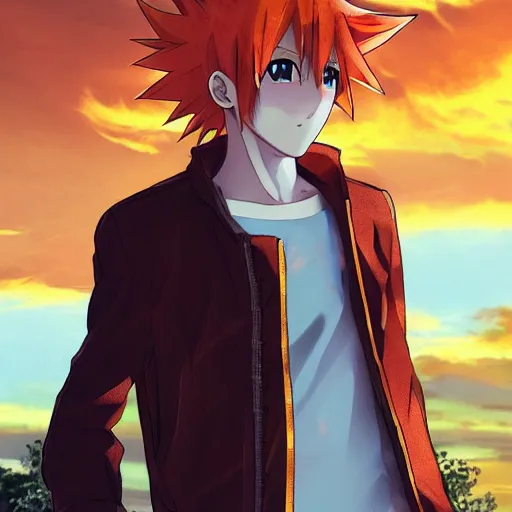 Image similar to orange - haired anime boy, 1 7 - year - old anime boy with wild spiky hair, wearing blue jacket, golden hour, partly cloudy sky, red clouds, orange sky, strong lighting, strong shadows, vivid hues, ultra - realistic, sharp details, subsurface scattering, intricate details, hd anime, 2 0 1 9 anime