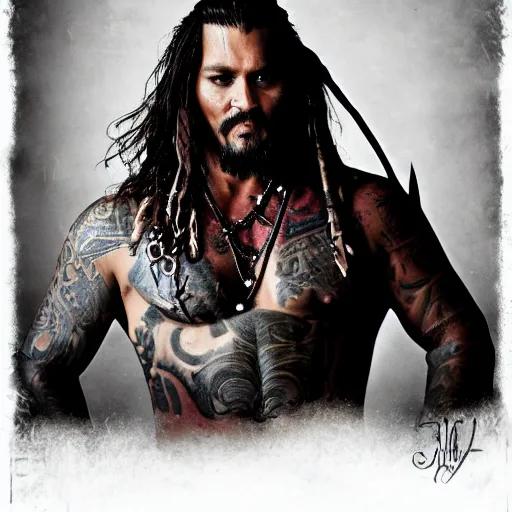 Image similar to portrait of johnny depp as khal drogo from games of thrones, mascular, broad shoulder, tattooed body, six packs, symmetrical, nikon 3 5 mm photography, ultrarealistic