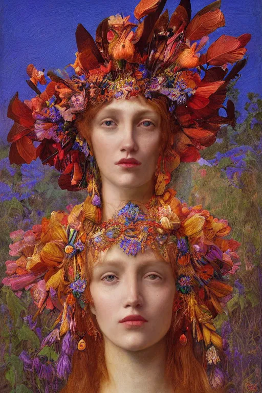 Image similar to queen of summer, by Annie Swynnerton, and Nicholas Roerich and Tino Rodriguez , elaborate headdress and embroidered velvet, iridescent beetles, rich color, dramatic cinematic lighting, extremely detailed, featured on artstation