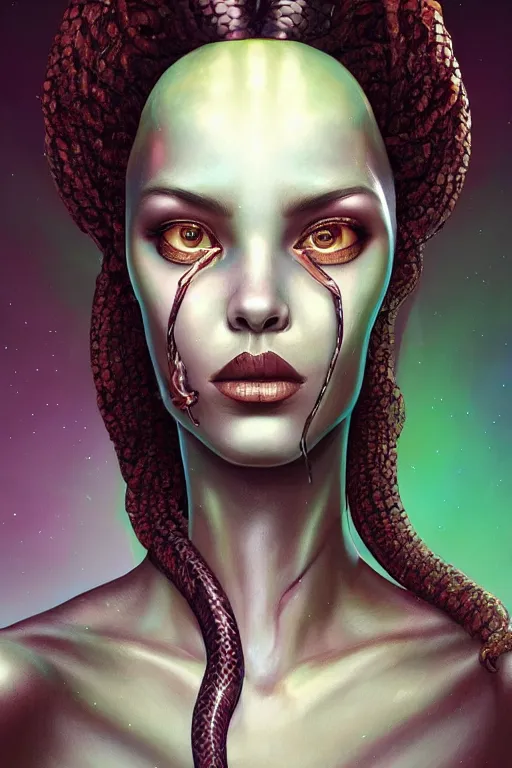 Image similar to portrait of an elegant alien queen with dreads snake hair, straight on portrait, by artgerm, tom bagshaw, gerald brom, vaporwave colors, lo fi colors, vaporwave, lo fi, 2 point studio lighting, dramatic lighting, 4 k, hd,