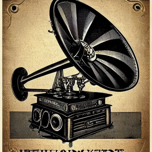 Prompt: “Old steampunk gramophone with antique loudspeakers and lots of wires. Dark, intricate, highly detailed, smooth, 18th century poster in style of Stanislav Vovchuk”