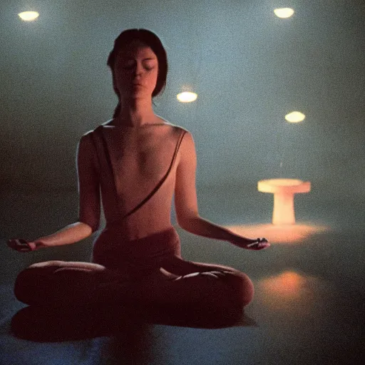 Image similar to movie scene of a girl meditating, movie still, cinematic composition, cinematic light, criterion collection, reimagined by industrial light and magic, Movie by David Lynch and Ridley Scott