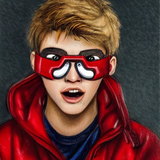 Image similar to a blonde teenager, goggles, red jacket, knife in his mouth, knife in right hand, knife in his left hand, photorealistic, hd, high details, detailed portrait