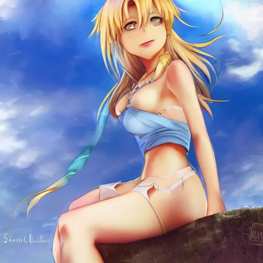 Prompt: a giant macro very beautiful young anime winry rockbell sitting on a miniature house, full body, long wavy hair, sky blue eyes, full round face, bikini, miniskirt,, cinematic wallpaper by stanley artgerm lau