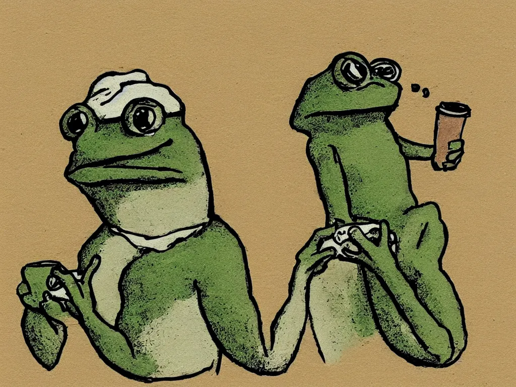 Image similar to portrait of a pepe! the frog! drinking coffee in the style of tarkovsky, old photo