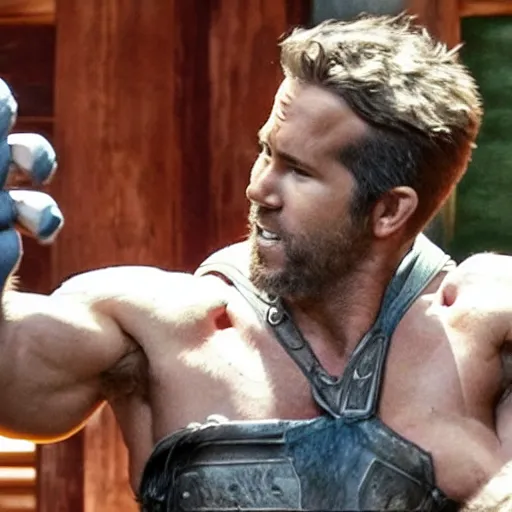Prompt: Ryan Reynolds fighting a Dragon in the style of Dungeons and Dragons