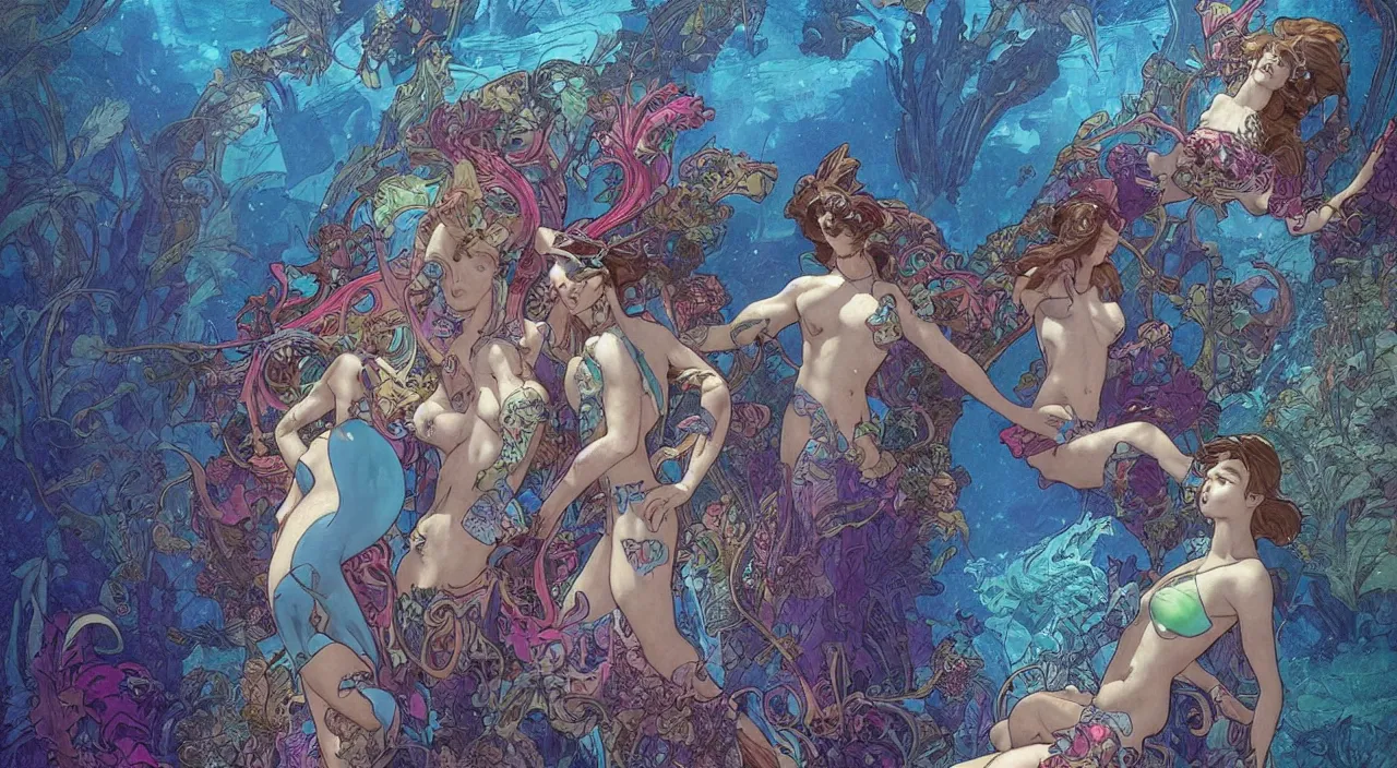 Image similar to Merfolk in the Lost City of Atlantis, very colourful, underwater, highly detailed, artstation, intricate, smooth, sharp focus, bright, happy, illustration, art by Artgerm and Greg Rutkowski and Alphonse Mucha and Yuumei, good clear quality, lighting, biology, symmetrical artwork, perfect face, 135 mm, cinematic, hyper realism, dark, moonlight, high detail, octane render, 8k, crimson highlights