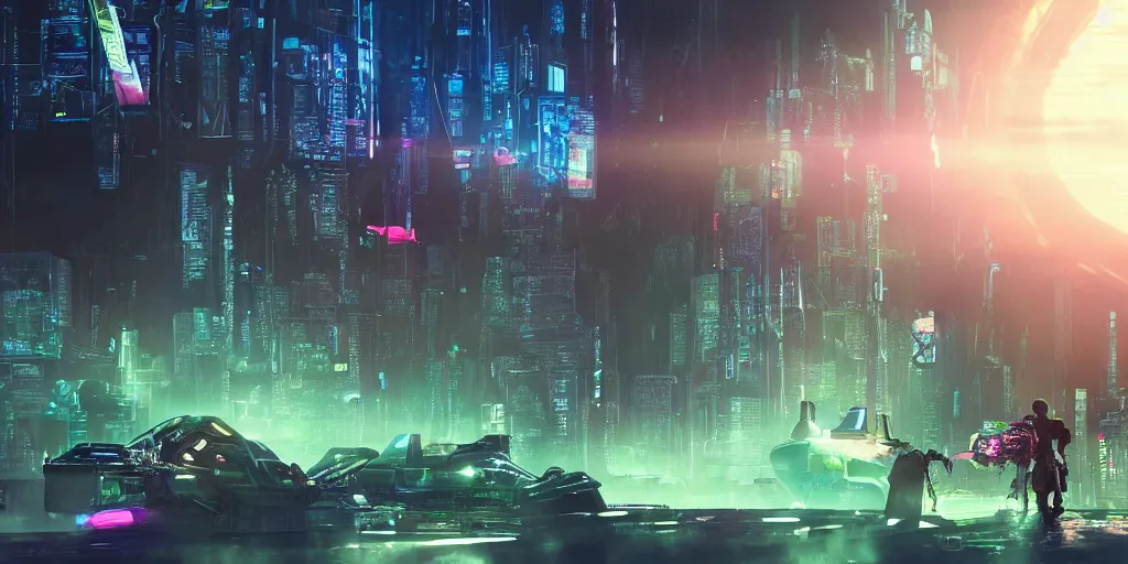 Image similar to a cinematic composition depicting : a translucid crystal being, behind their hud viewing out of their window how a high tech lush solarpunk tribe collaborating with their technologic android helpers encroaching on a distant cyberpunk world at sunrise