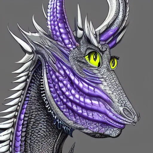 Image similar to a 128 foot tall elegant female silver western dragon with purple accents, having a 360 foot long wingspan; The scales smooth and streamlined, while having a sleek and sharp crest; two eyes bright blue; the snout sharp and pointed, yet sleek and elegant; close-up bust; deviantart, furaffinity