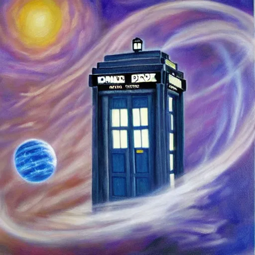 Prompt: oil painting of the tardis from dr who flying through space. rochester blot test. beautiful. space.