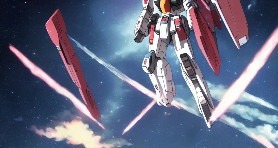 Image similar to RX-78-2 in the science fiction anime series gundam by makoto shinkai, flying through space, beautiful, interstellar, cinematic, shooting star, gundam