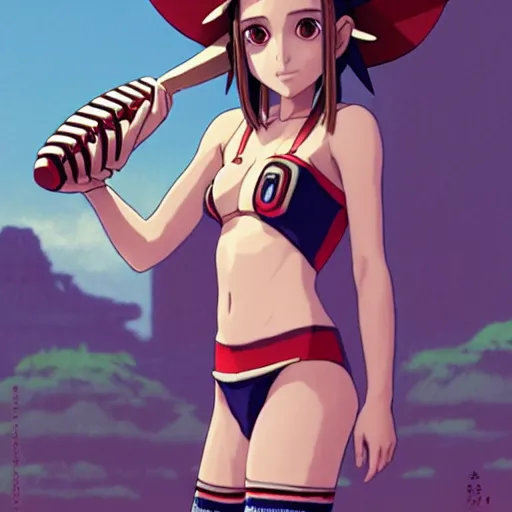 Image similar to beautiful boyish natalie portman alluring gravure model in majora's mask, wearing wooden mask and baseball cap and leotard, street wear with subtle mayan patterns, aztec bathing suit, gapmoe yandere grimdark, trending on pixiv fanbox, painted by greg rutkowski makoto shinkai takashi takeuchi studio ghibli, akihiko yoshida