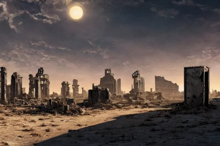 Image similar to intense sun desert landscape futuristic city ruins fallout post apocalyptic