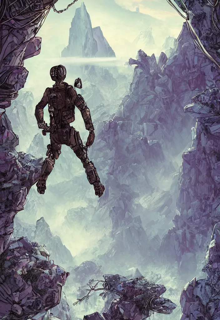 Image similar to A comic book cover of an android soldier with back to the camera, in a forest made of crystal and gemstone, looking across a vast chasm and old rope bridge. On the mountain facing him is a temple made of shards of crystal with a tower glowing in the fog