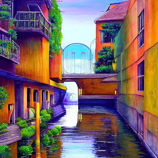 Image similar to Narrow cosy waterway with kayak in futuristic sci-fi city in harmony with nature. Nice colour scheme, soft warm colour. Beautiful detailed painting by Lurid. (2022)