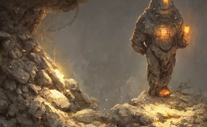 Image similar to a golem made from translucent crystals, high in the mountains, greg rutkowski, 8 k, shallow depth of field, intricate detail, concept art,