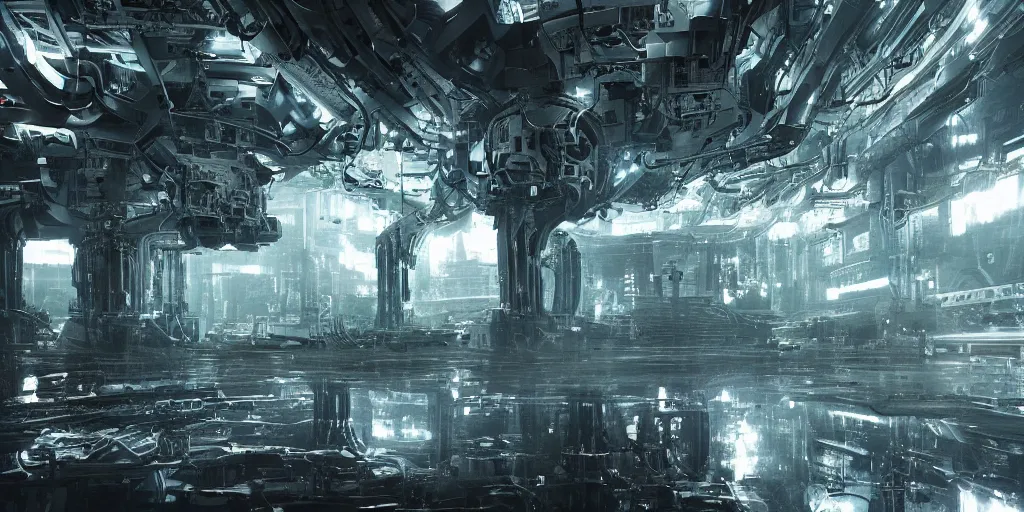 Prompt: a film still from the matrix by ian hubert - endless machine - built underground facility that controls atmosphere, water and power, scale of a city, water - logged, medium shot, waist up, bloom, dramatic lighting, behance, game environment design, artstation, deviant art,