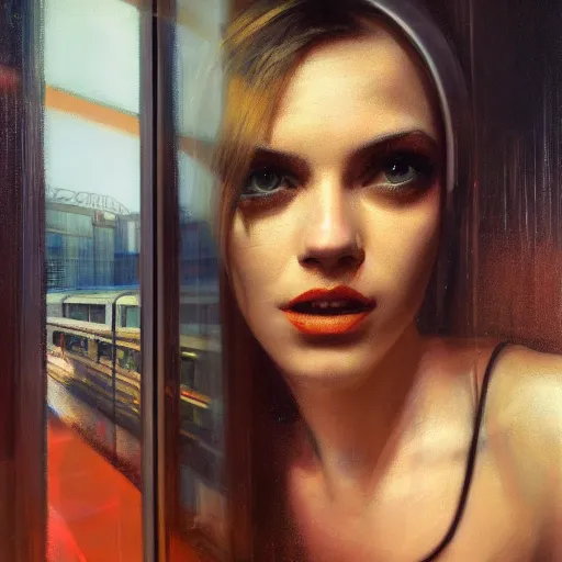 Image similar to detailed face of a woman, clockwork, moment, tectonic sky, skydome, bullet train, turbines, utopian, tech noir, wet reflections, prism, atmospheric, ambient, nick alm, casey baugh, pj crook, syd mead, livia prima, edward hopper