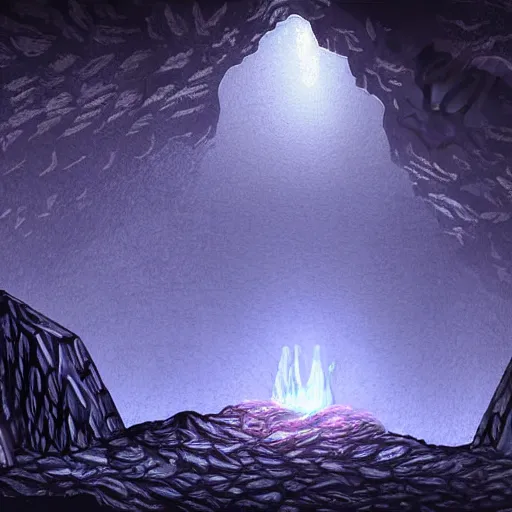 Prompt: a dark, foreboding cave with strange, glowing crystals, digital art, harsh lighting