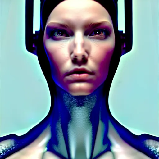 Image similar to Perfectly-Centered Half-body-Portrait of a Mechanical Cyberpunk Female Android, intricate, elegant, super highly detailed, professional digital painting, artstation, concept art, smooth, sharp focus, no blur, no dof, extreme illustration, Unreal Engine 5, Photorealism, HD quality, 8k resolution, cinema 4d, 3D, beautiful, cinematic, art by artgerm and greg rutkowski and alphonse mucha and loish and WLOP