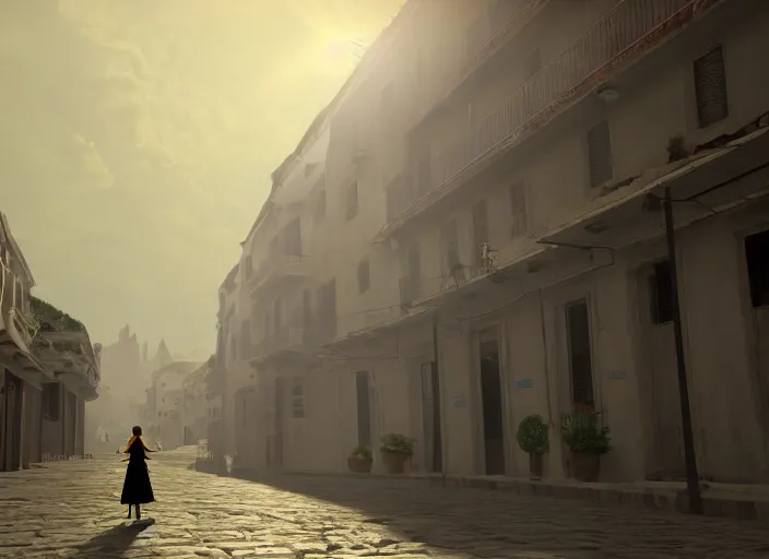 Image similar to a woman in a fed skirt walking the narrow streets of athens, painted by, mc escher, gordon onslow ford, georgia o'keeffe and ivan aivazovsky, cinematic light, god rays, colourful, unreal engine, zbrush central,