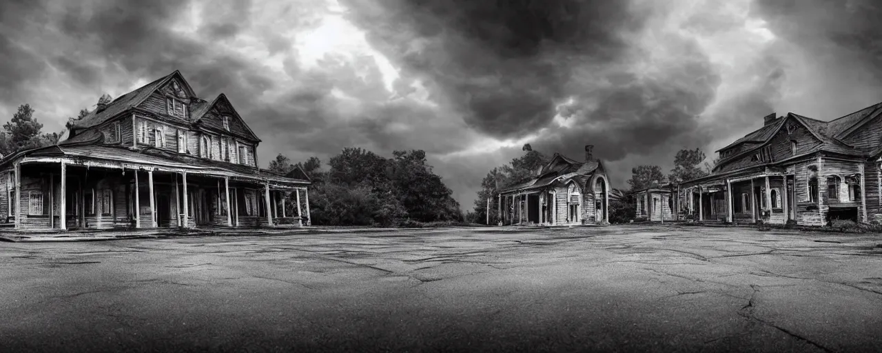 Image similar to Lovecraft Country, ultra detailed haunted house, ultra detailed storm clouds, establishing atmospheric shot, octane renderer, F11 aperture, night, volumetric fog, lighting and thunder, stormy weather, ultra detailed rain drops, reflections, film grain, single ultra detailed grey 1948 Packard Station Sedan parked in the street,