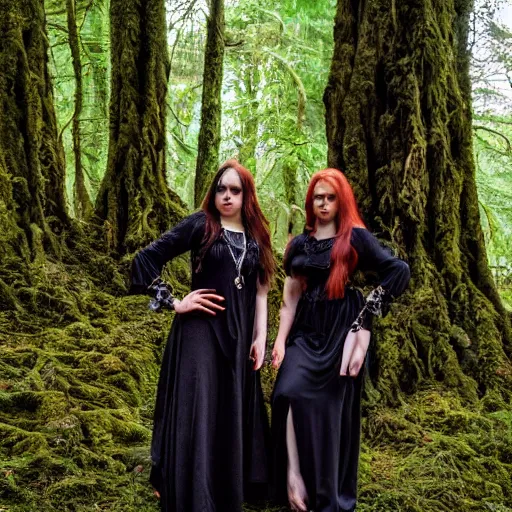 Prompt: witches posing together in an ancient forest, photo by Gertrude kasebian