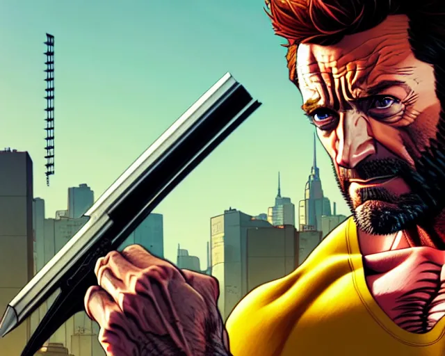 Image similar to hugh jackman as wolverine from logan, hyper - realistic, gta v cover art, cel shading, sharp focus, intricate, detailed, rhads, andreas rocha, makoto shinkai, lois van baarle, ilya kuvshinov, greg rutkowski, dynamic lighting, grunge aesthetic, 4 k