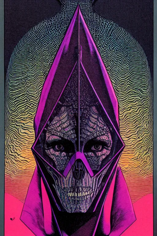 Image similar to portrait of black and psychedelic grainshading print by moebius, richard corben, wayne barlowe, cyberpunk comic cover art, psychedelic triangular skeleton, very intricate, thick outline, full body, symmetrical face, long black crown, in a shapes background, galactic dark colors