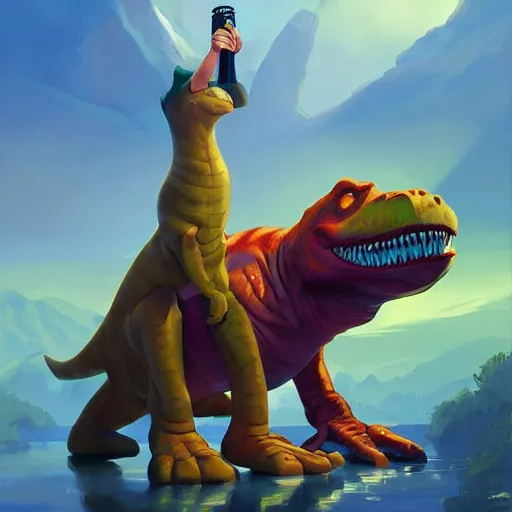 Prompt: barney the dinosaur holding a broken beer bottle, art gta 5 cover, official fanart behance hd artstation by jesper ejsing, by rhads, makoto shinkai and lois van baarle, ilya kuvshinov, ossdraws