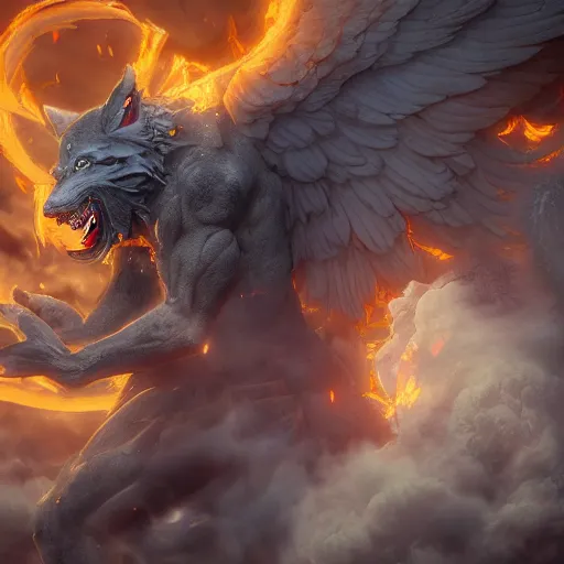 Image similar to A epic and beautiful rococo painting of a angelic werewolf inside a burning cathedral. demon slayer style. ultra-detailed. Anime, pixiv, UHD 8K CryEngine, octane render