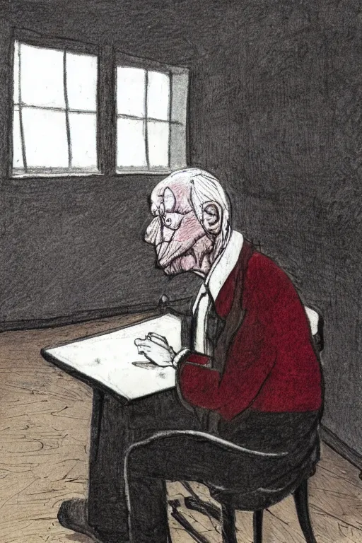 Image similar to an older man sitting alone drawn by raymond briggs, very coherent and colorful high contrast, sad lighting, somber mood