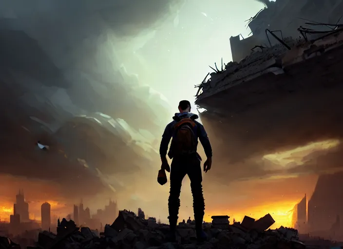 Prompt: highly detailed shot of a male explorer facing the camera in front of a rubble city, rule of thirds, character focus, perfect composition, cinematic view, epic sky, detailed, concept art, low angle, high detail, warm lighting, volumetric, godrays, vivid, beautiful, by jordan grimmer, art greg rutkowski, award winning photography