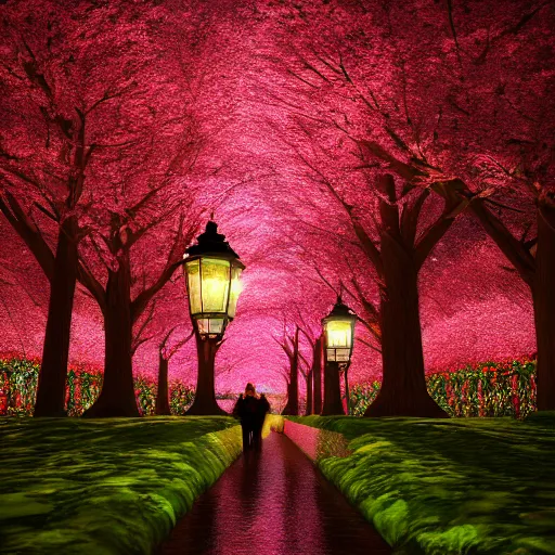 Image similar to photorealistic beautiful cherry blossom forest with victorian lanterns lining the stone pathway. hyperdetailed photorealism, 1 0 8 megapixels, amazing depth, glowing rich colors, powerful imagery, psychedelic overtones, 3 d finalrender, 3 d shading, cinematic lighting, artstation concept art