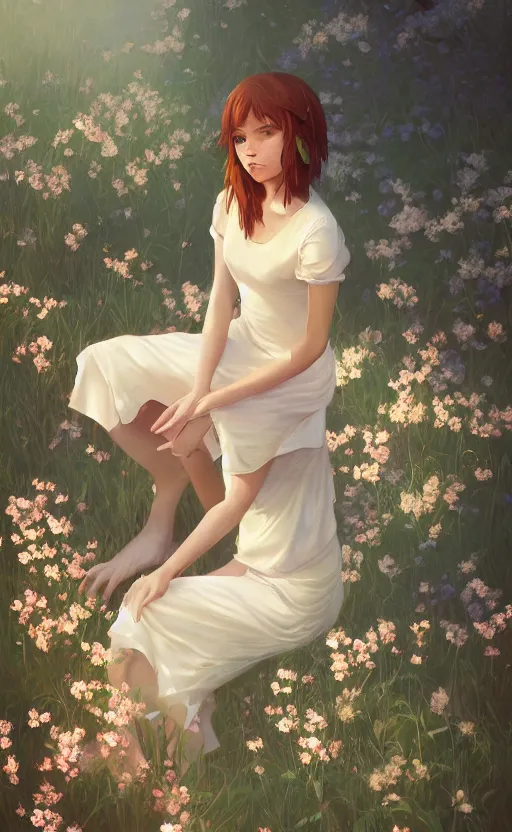 Prompt: southern ginger woman in a cream dress, freckled, sitting among flowers, airbrushed, hazy, gentle, soft lighting, wojtek fus, by makoto shinkai and ilya kuvshinov,