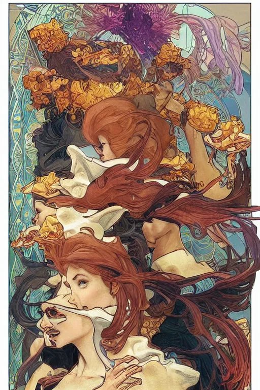 Prompt: software engineers eating chicken sandwiches, by artgerm and moebius and alphonse mucha, hyperdetailed, dc comics, explosions in the sky, trending on deviantart