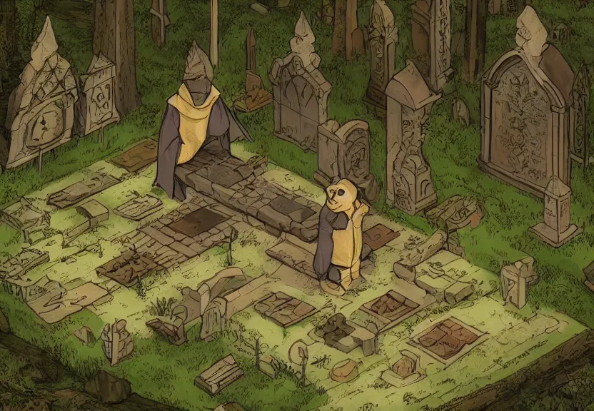 Image similar to a possum dressed like a monk at a medieval cemetery in the middle of the forest at night, isometric, highly detailed, digital art